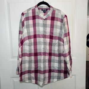 Women's Lands End Grey Pink White Henley Flannel 1X